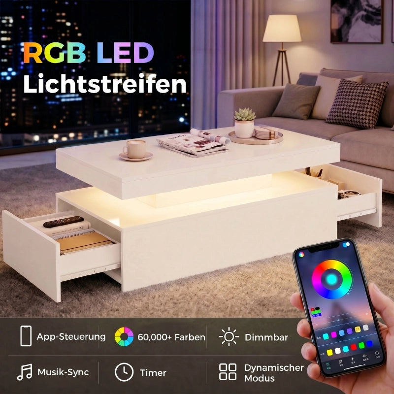 Tavolino basso con LED RGB, 2 cassetti e vano contenitore, per soggiorno e gaming, bianco lucido 100 × 50 × 40 cm