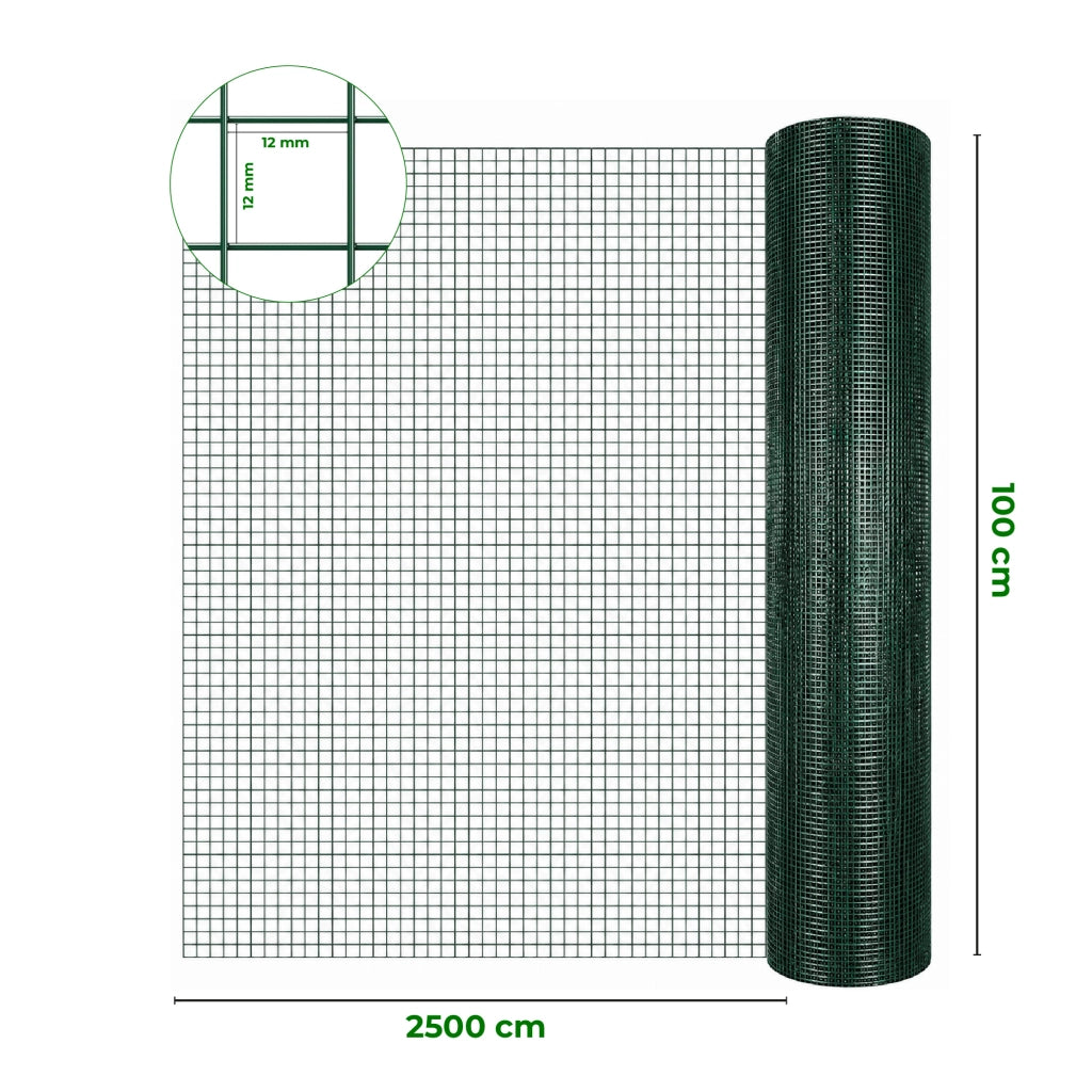 Rete Metallica Verde Rivestita in PVC Maglia Quadrata 12x12 mm per Recinzioni Giardino Orto Pollai Protezione Alberi Rete Elettrosaldata Rigida Varie Misure  1x25Metri