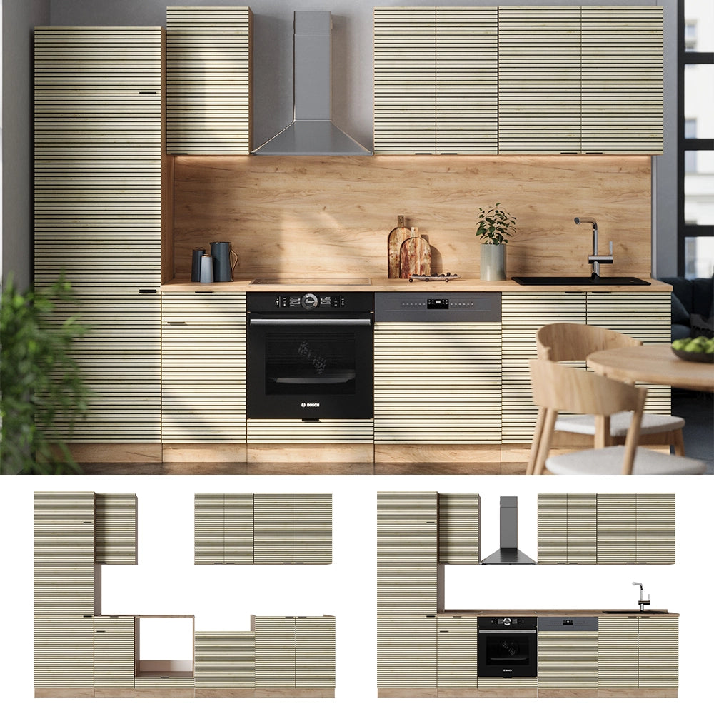 Cucina componibile Fame-Line Pannello in quercia/Rovere dorato 300 cm, PL Marmo Vicco