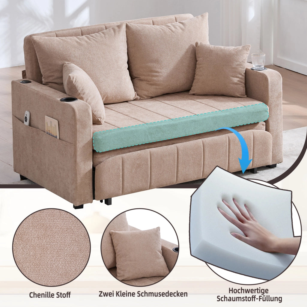 Divano letto convertibile in chenille con tasche laterali e cuscini, per soggiorno e studio, kaki