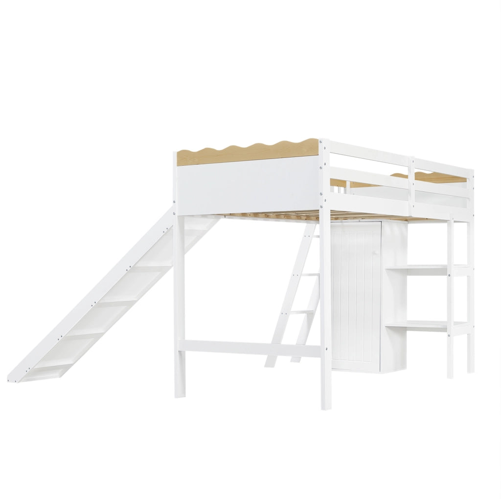 Letto a soppalco 90x200 cm con scivolo; guardaroba e vano contenitore in legno e MDF bianco naturale