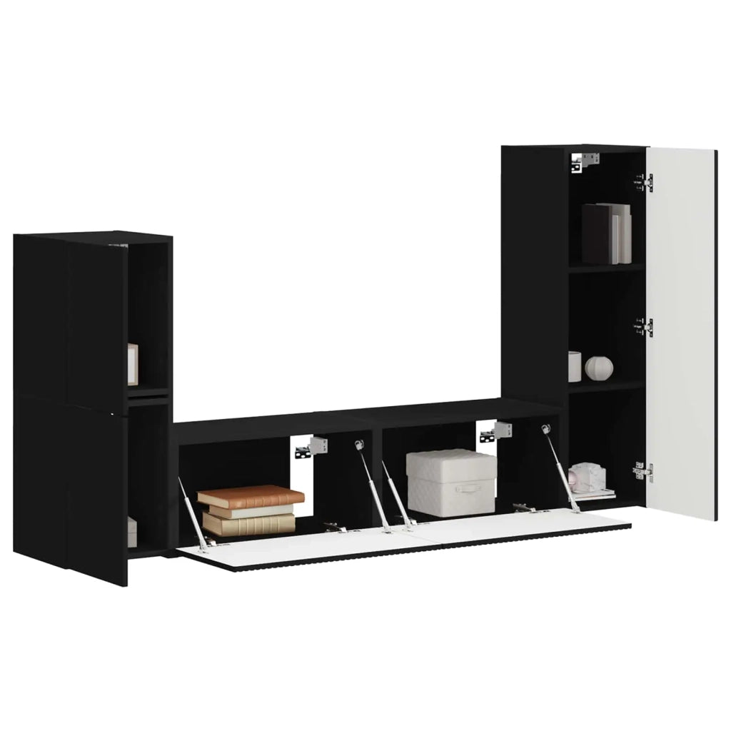 Set mobile TV Montaggio a parete 4 pcs Nero Legno multistrato