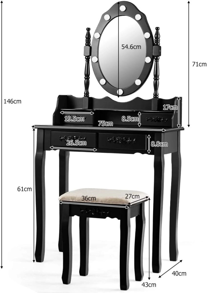 Toeletta Trucco, Postazione Trucco in Legno con Sgabello, 4 Cassetti e Specchiera Rimovibile Girevole a 360° con 10 LED Dimmerabili, Portata di 100+25 kg, 75x40x146cm (Nero)