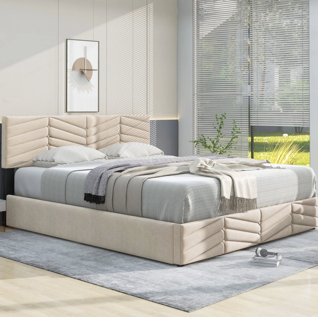 Letto imbottito 140x200 cm in velluto beige con rete a doghe e testiera regolabile
