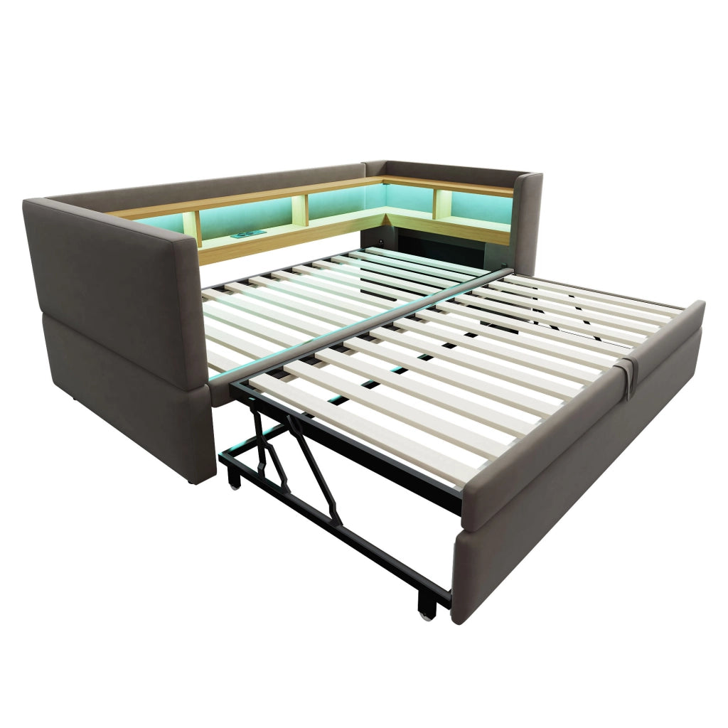 OKWISH Letto Divano 90×190 cm e 180×190 cm, Letto Singolo con LED Regolabile, Prese e Mensole, senza Materasso, in Flanella, Grigio Scuro