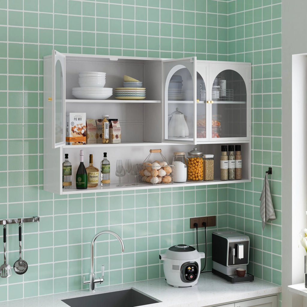 Mobile contenitore con 4 ante in vetro e metallo per cucina e soggiorno; 120×23×70 cm; bianco