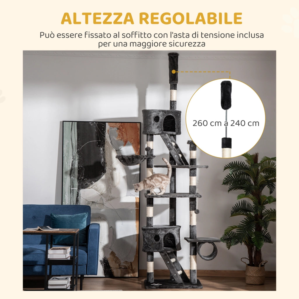 Albero Tiragraffi Multilivello a Soffitto Altezza Regolabile 240-260 cm con Casette e Letti in Peluche e Sisal Grigio