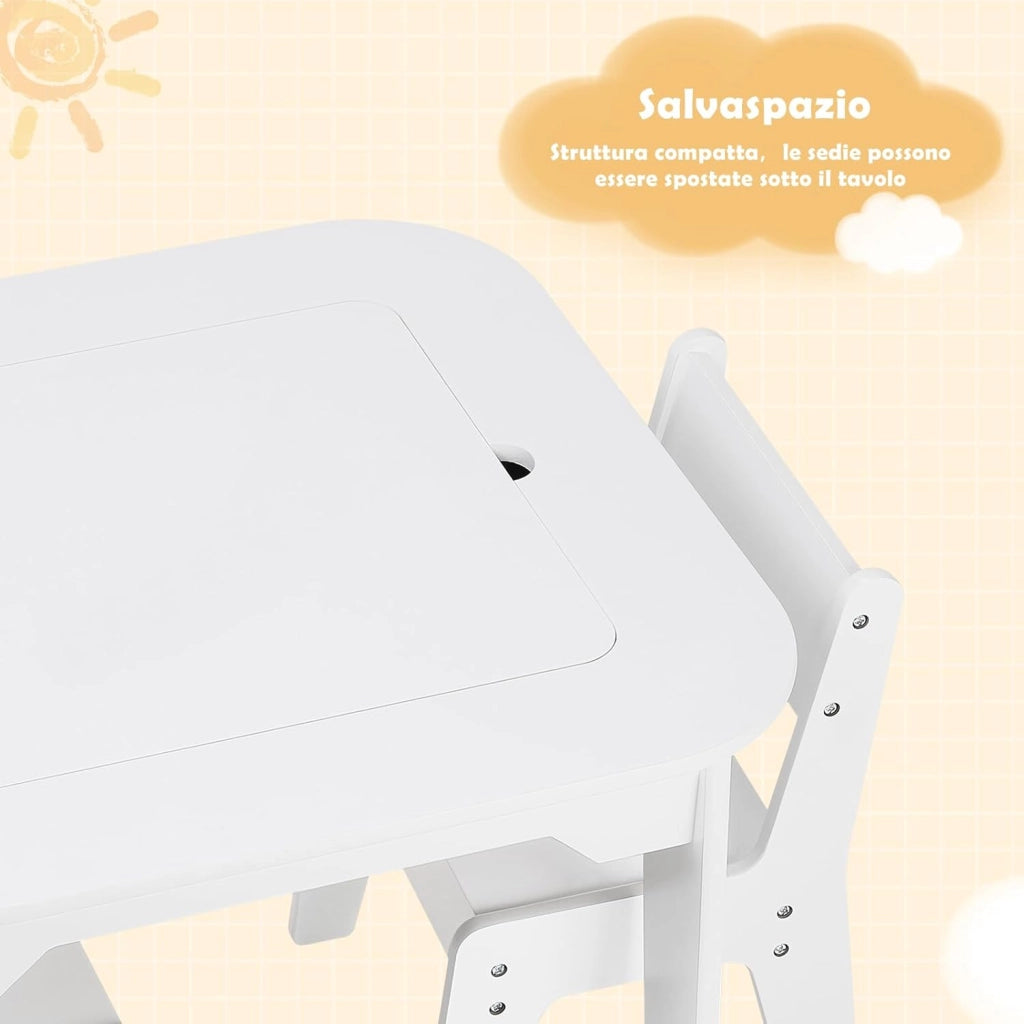 Tavolino per Bambini con Sedie, Set di Tavolo con Lavagna e Contenitore, Mobile per Cameretta dei Bambini, Asilo, Scuola Materna, Piano Ribaltabile