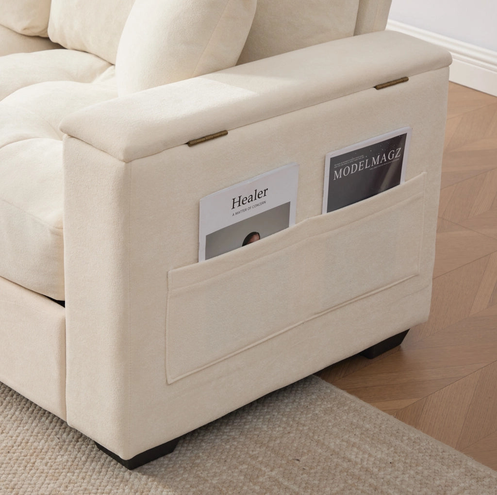 Divano 2 posti beige in ciniglia con contenitore, tasche laterali e 2 cuscini