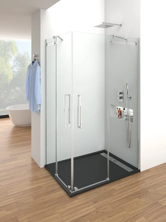 Box doccia angolare VETRUM apertura al vertice 120x90 cm (118-123/85-90) acciaio inox lucido