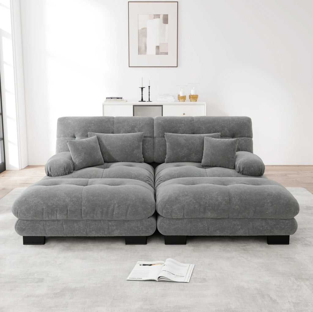 Divano modulare in chenille grigio con 2 pouf; 2 cuscini lombari e 2 cuscini decorativi