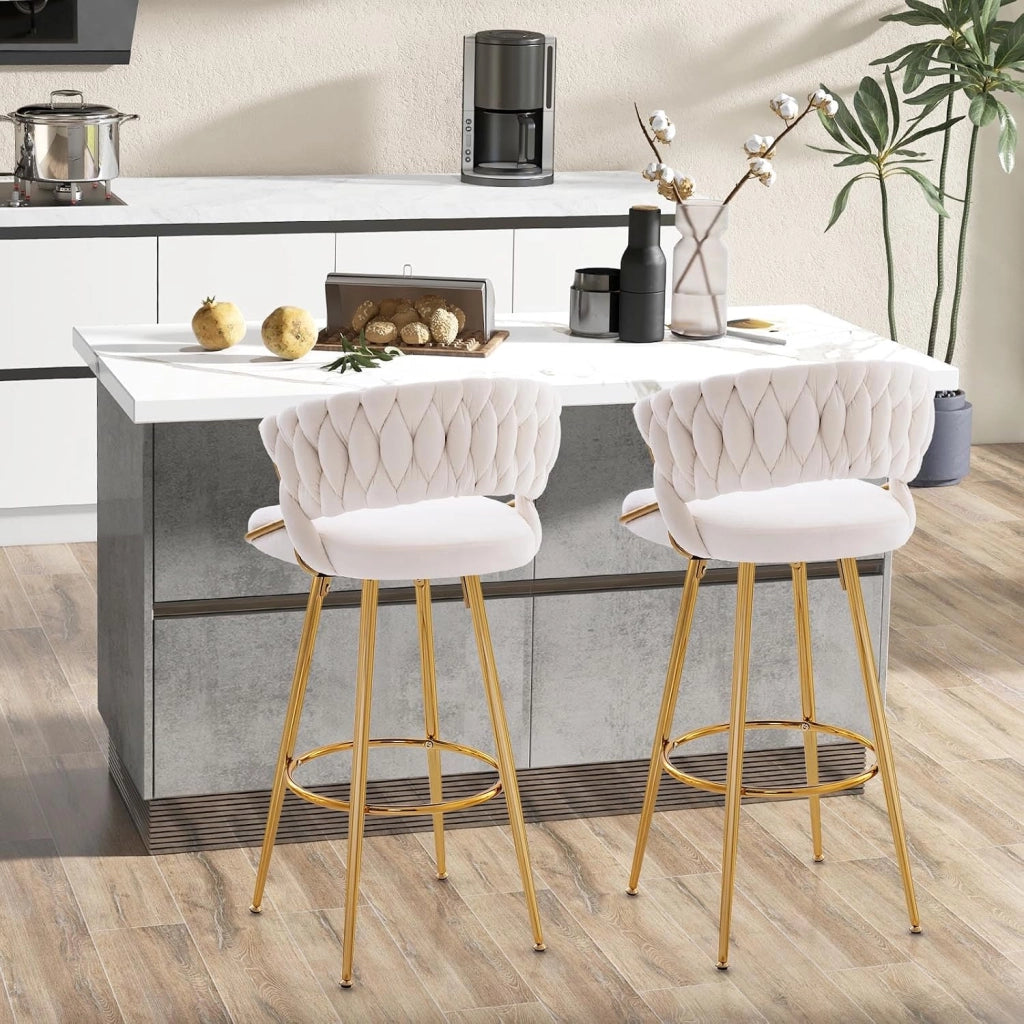 Set di 2 Sgabelli Bar in Velluto, Sgabello Bar di 73 cm con Schienale Intrecciato e Gambe in Metallo, con Schienale e Piedini Regolabili, per Cucina, Sala da Pranzo, Portata 200 kg(Bianco)
