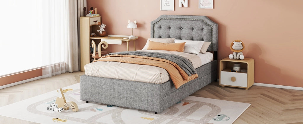 Letto singolo imbottito 90 ¡Á 200 cm in lino e MDF grigio con testiera regolabile e due cassetti