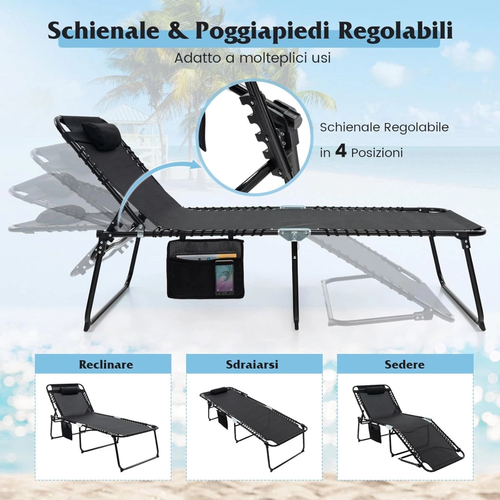 Lettino Prendisole da Giardino, Sedia a Sdraio Pieghevole con Schienale Regolabile, Cuscino Staccabile, Tasca, Portata 200 kg, 168-188 x 69 x 41-86 cm (Nero)