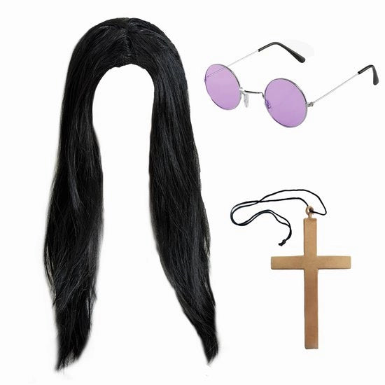 Accessori per costume - Capelli in parrucca lunga - Occhiali da sole rotondi con lenti azzurre - Croce d'oro con collana - Accessori retro - Ideali per costume da "Principe delle Tenebre" - Set di costume