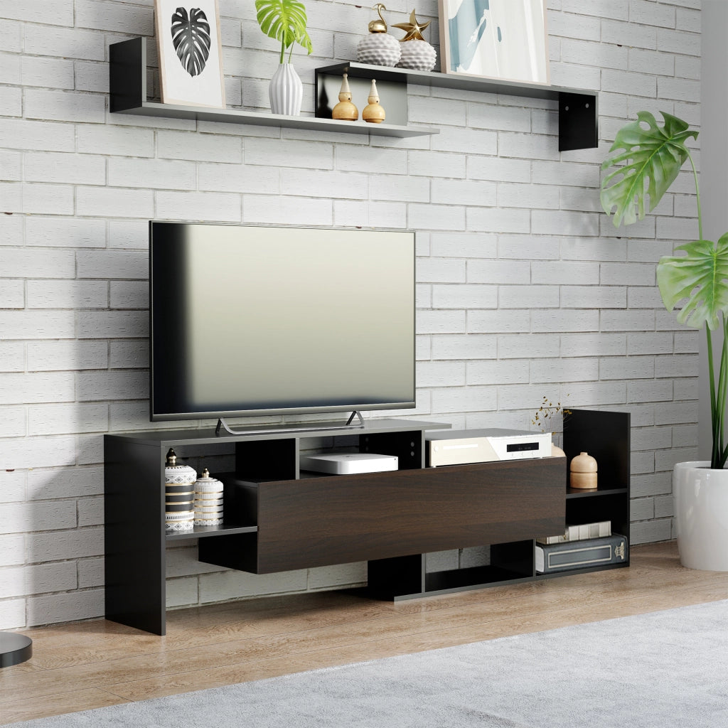 Mobile TV con credenza e scaffale a parete ¨C zephmum ¨C nero 153.6L cm