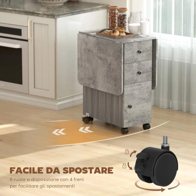 TAVOLO PIEGHEVOLE CON 2 CASSETTI E ARMADIETTO, 6 ROTELLE E FRENI, 120X60X76.5 CM, GRIGIO LEGNO E ROCCIA