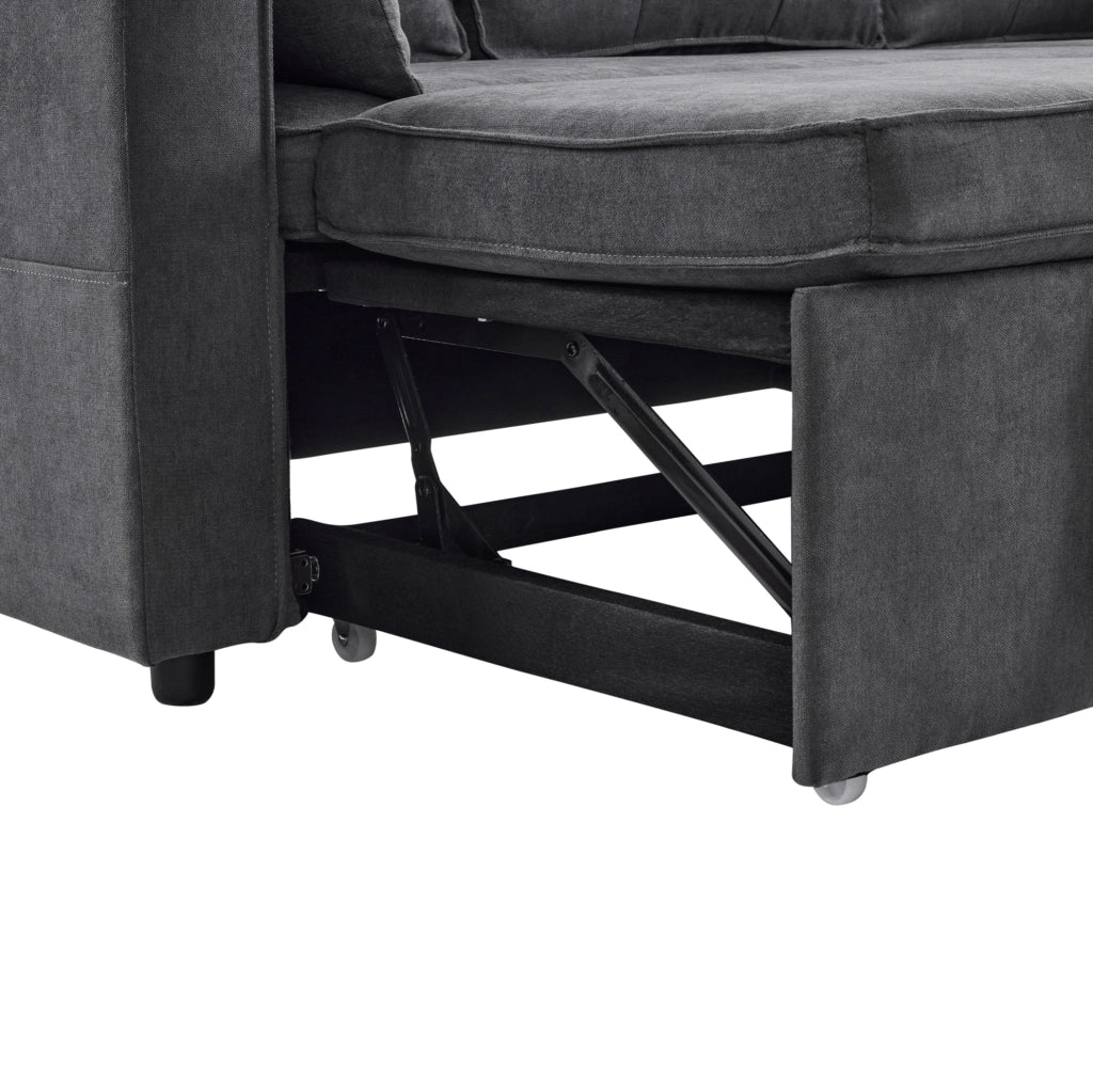 Divano letto con chaise longue reversibile; contenitore e portabicchieri in cotone e lino grigio