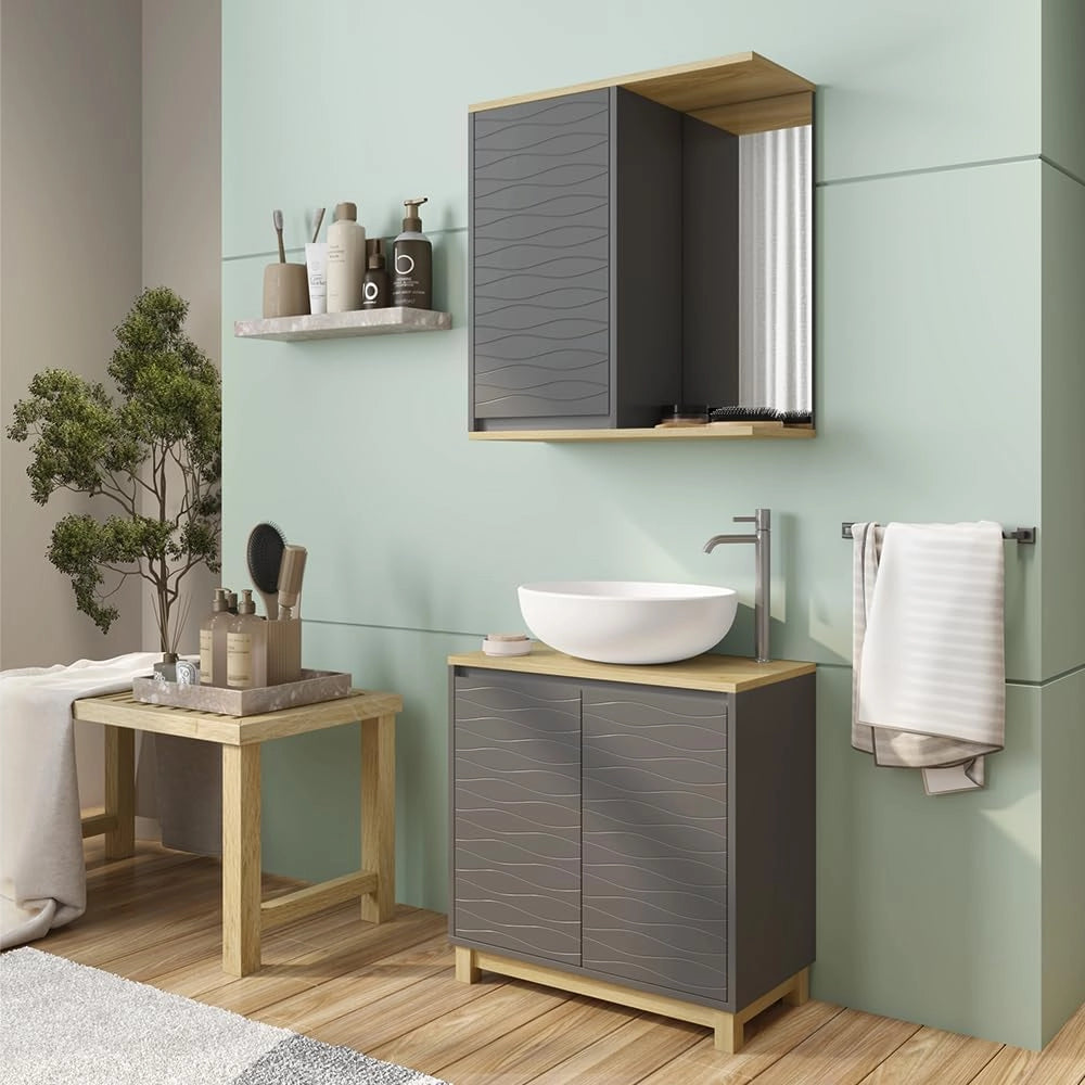 Vicco Set di mobili da bagno Livia, Antracite/quercia, 2 parti