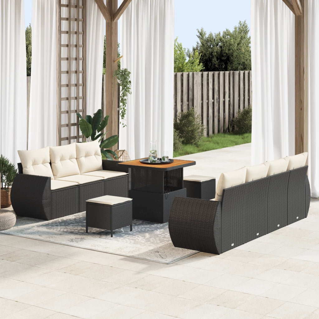 Set Divano Giardino 10 Pezzi con Cuscini Polyrattan Nero Acacia