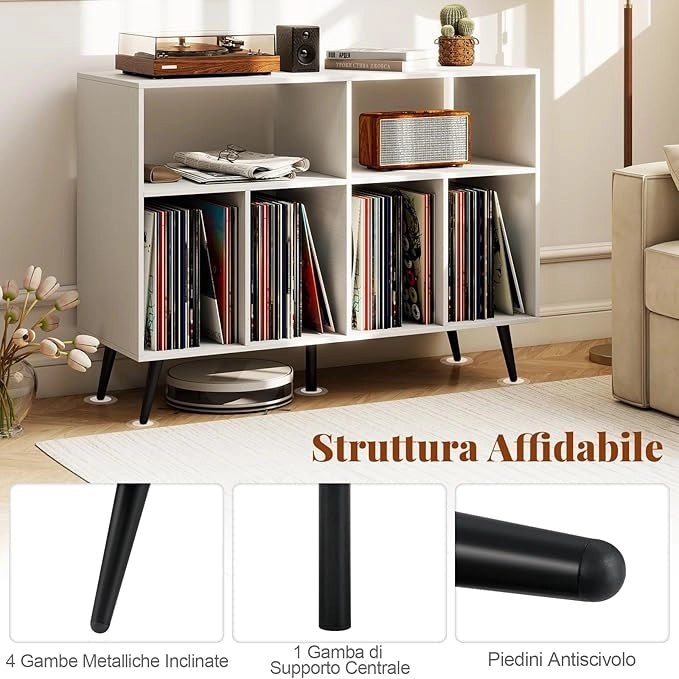 Supporto per Giradischi, Mobiletto per Giradischi a 3 Livelli con Scaffali per Vinili, Tavolino per Dischi con 5 Gambe, Scaffale Espositivo per Soggiorno, Sala Musica (Bianco)