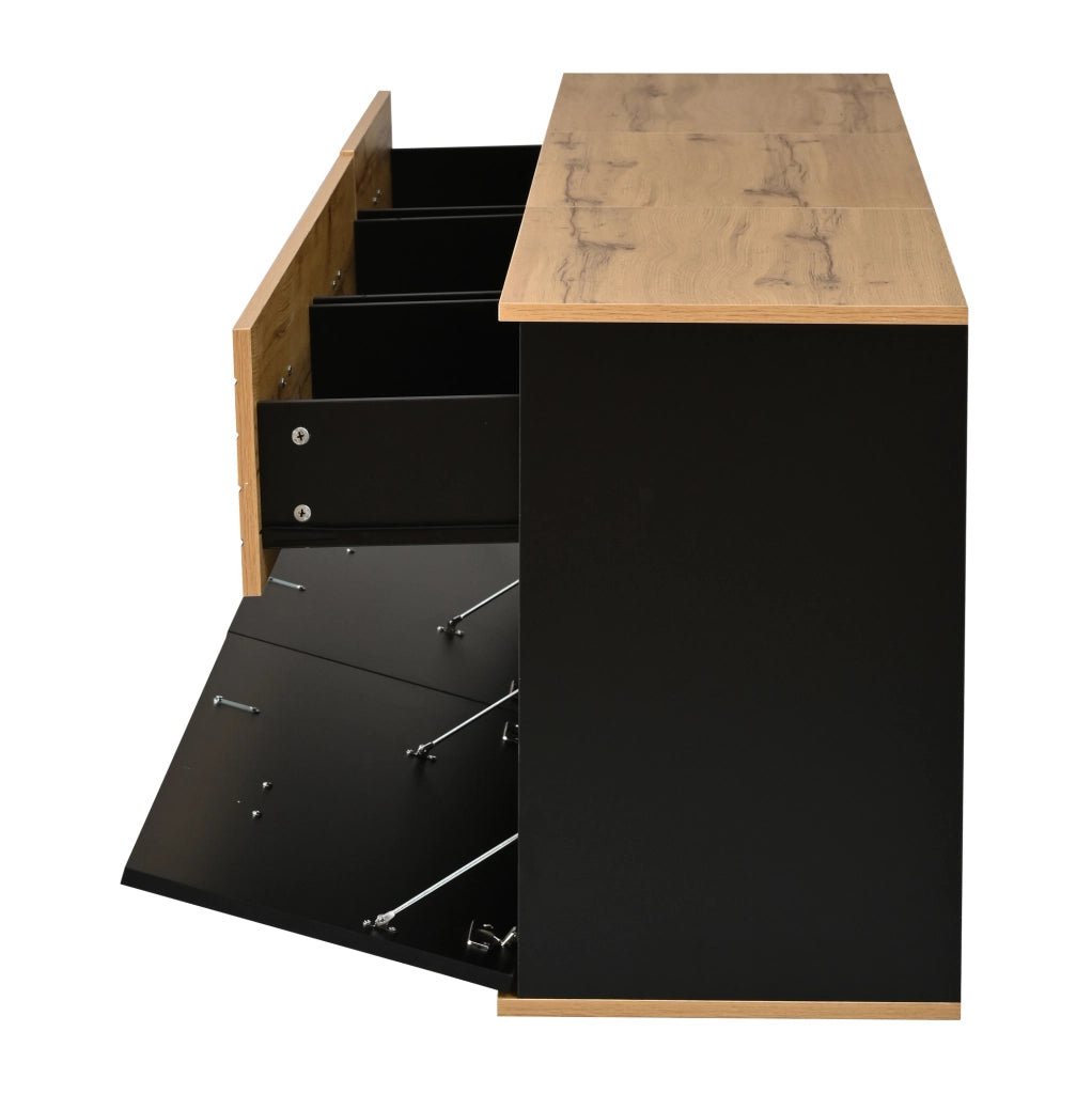 Mobile TV 168x38x59 cm con 3 cassetti e 2 ante a ribalta in MDF e truciolato naturale e nero