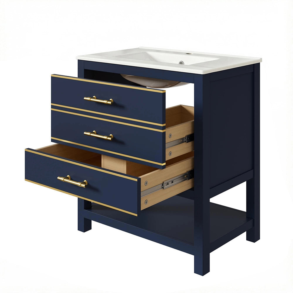 Armadietto sottolavabo bagno con lavabo ceramica - Xylo - 2 cassetti e scomparto aperto