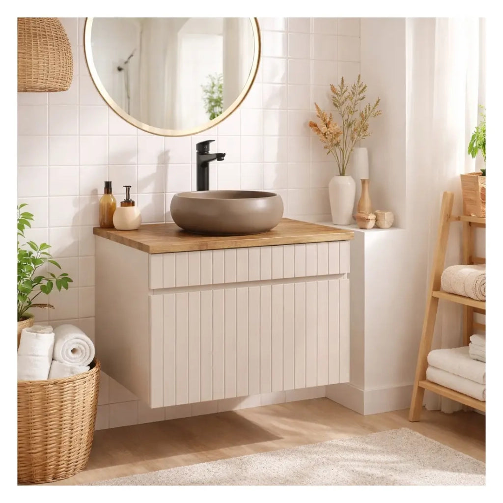 Set bagno ICON: mobile sottolavabo 60cm cachemire + piano per lavabo effetto legno
