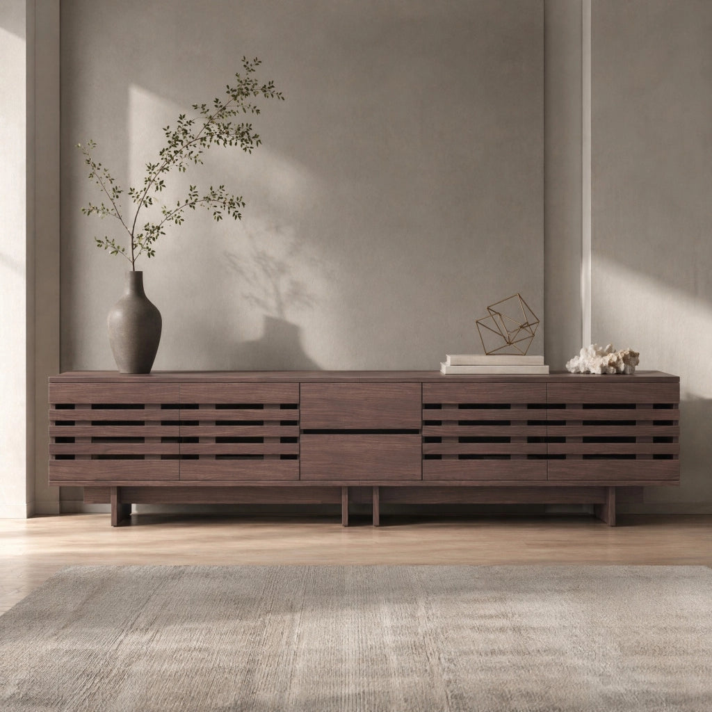 Mobile TV con 2 cassetti; 4 ante e 6 vani; passacavi - per soggiorno - 200×39.5×55 cm - in MDF - noce