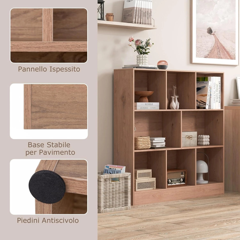 Libreria a 8 Cubi, Organizzatore di Stoccaggio a 3 Ripiani con 2 Kit Anti-Ribaltamento, Scaffale Multiuso in Legno per Soggiorno, Ufficio Stanza Bambini, 100x24x104 cm (Naturale)
