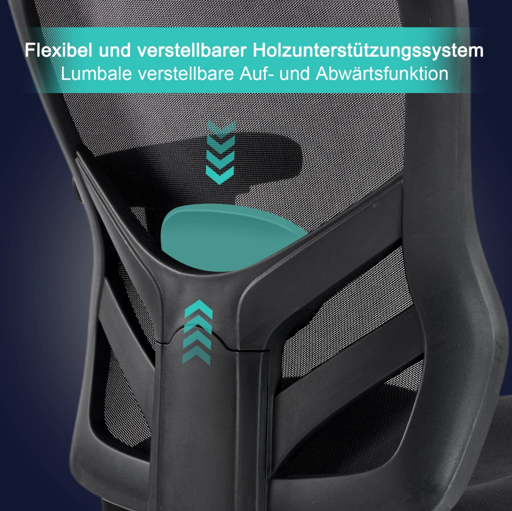 Sedia da ufficio ergonomica nera con supporto lombare regolabile e braccioli 2D