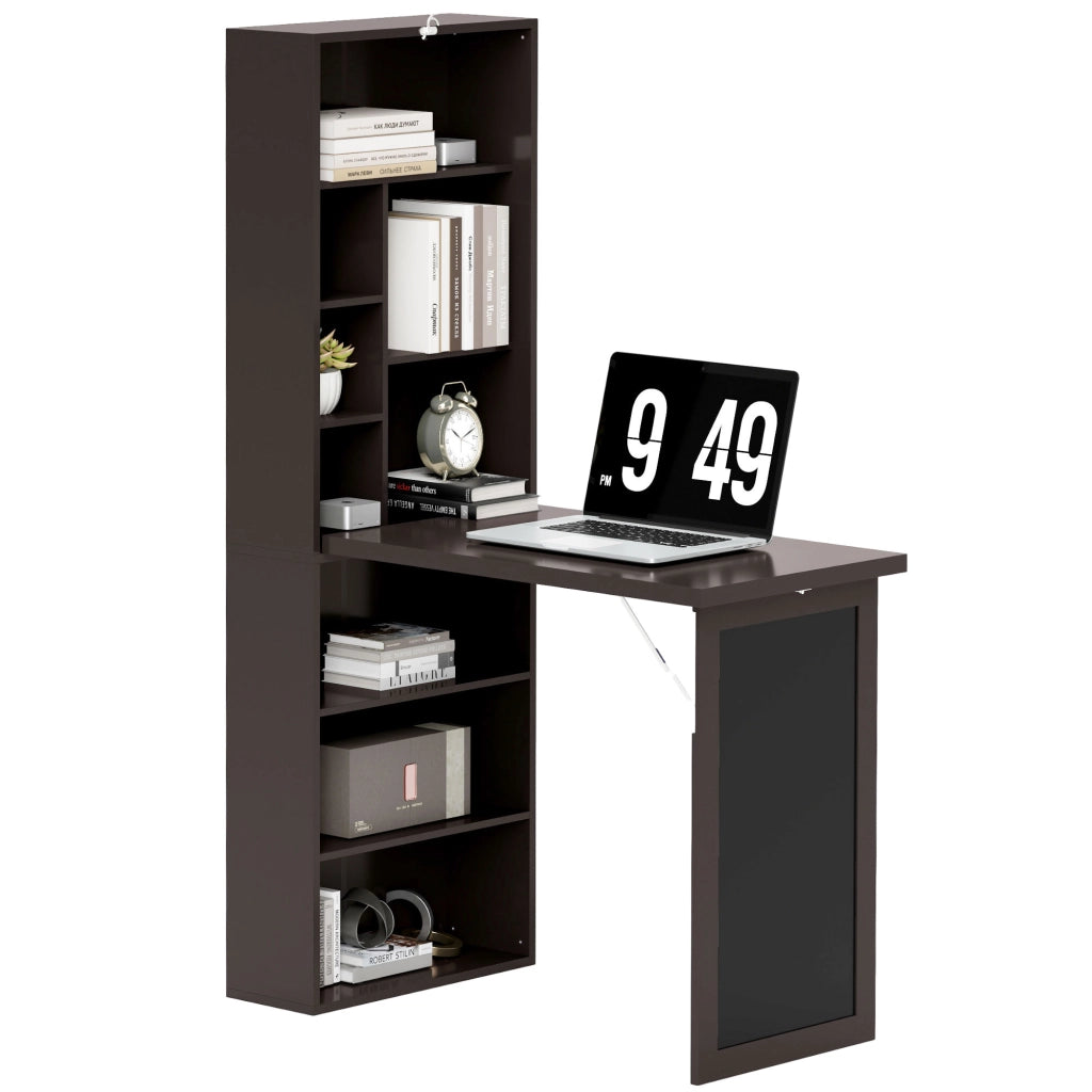 Scrivania Moderna Pieghevole con Libreria e Lavagna. in Legno e Metallo. 98x51x153 cm. Marrone