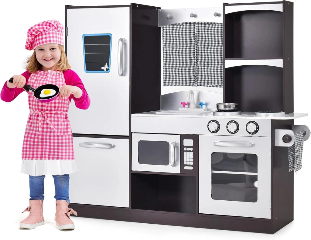 Cucina Giocattolo per Bambini, Cucina Legno per Bambini con Frigorifero, Lavagna, Forno, Fornelli a Gas, Rubinetto e Lavello, 3 Anni+, Bianco
