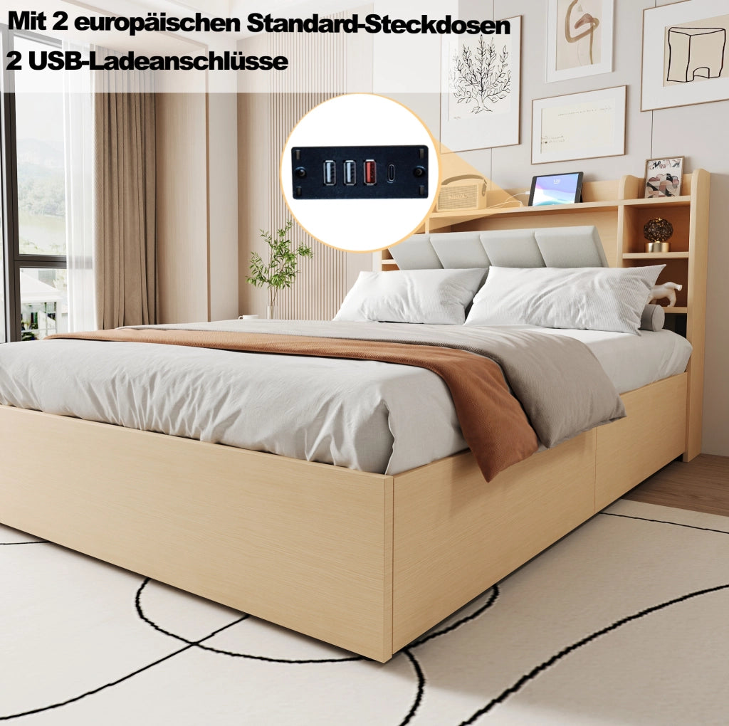 Letto 140x200 cm con contenitore idraulico, USB e USB-C