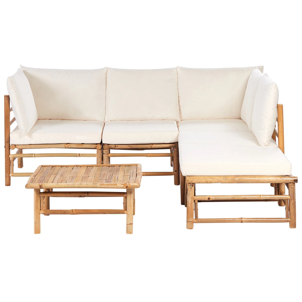 Set angolare da giardino modulare a 5 posti con divano e tavolino in bambù naturale e cuscini bianco crema esterno elegante