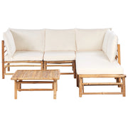 Set angolare da giardino modulare a 5 posti con divano e tavolino in bambù naturale e cuscini bianco crema esterno elegante