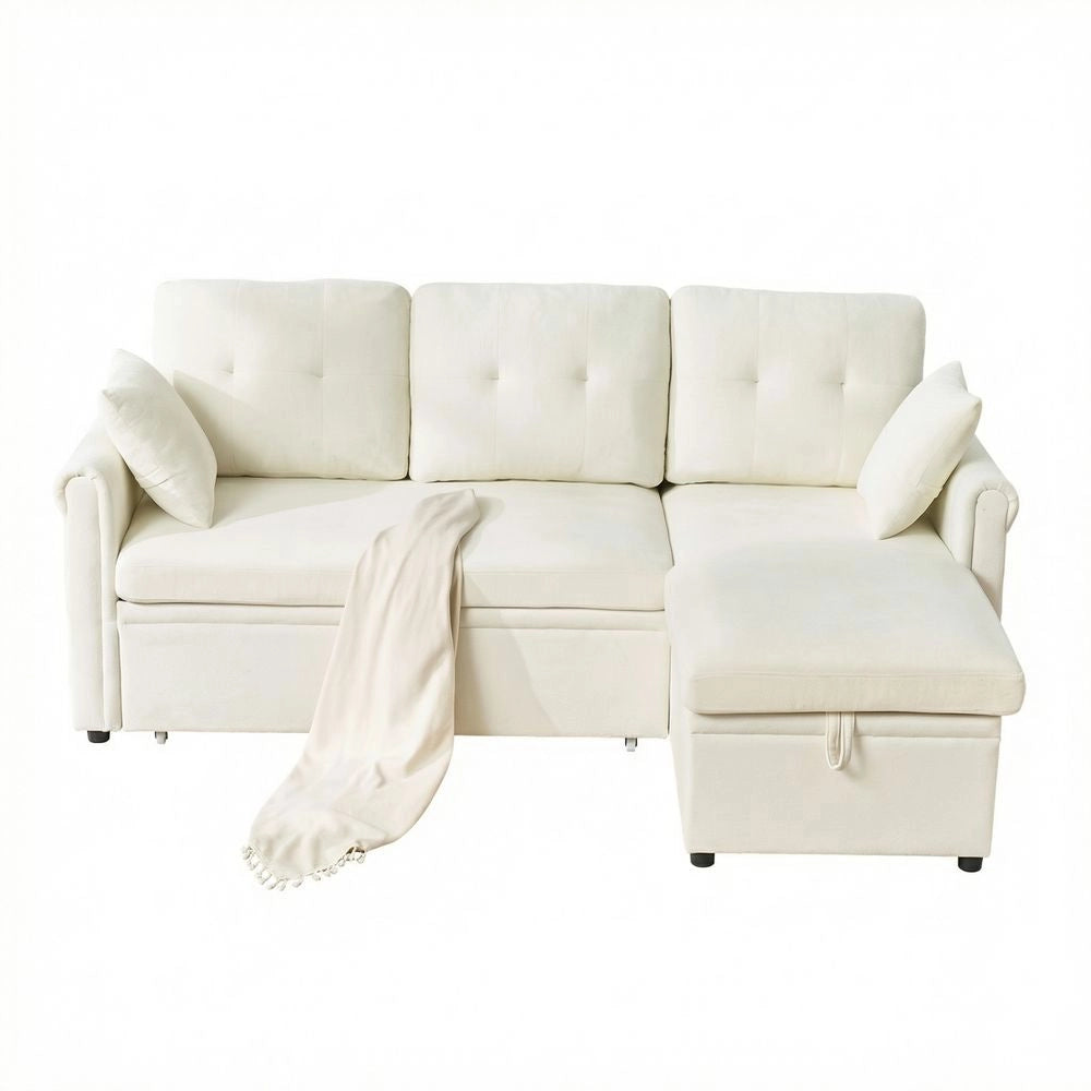 Divano letto angolare con contenitore - Xylo - Montaggio bilaterale, spazio di archiviazione, morbido chenille, beige