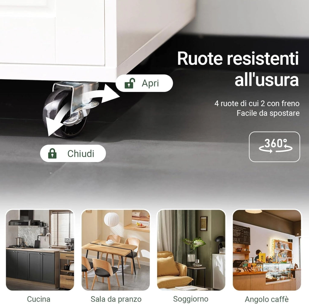 Carrello da Cucina, Isola Cucina con Ruote, Mobili da Cucina, Supporto per Microonde, Carrello Mobile per Sala da Pranzo e Ufficio 88,5 x 40 x 89 cm Bianco FSB78-W