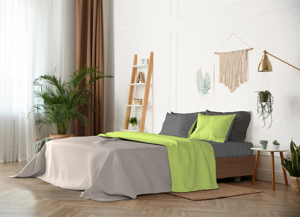 Set Lenzuola Matrimoniale Sopra Sotto e Federein Cotone Verde Acido/Fumo