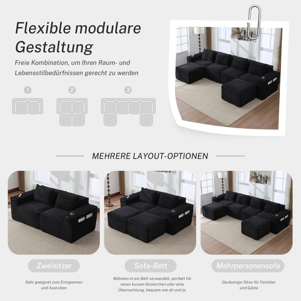 DIVANO MODULARE 4 POSTI 330x162x75 cm Velluto a coste Nero con 2 pouf
