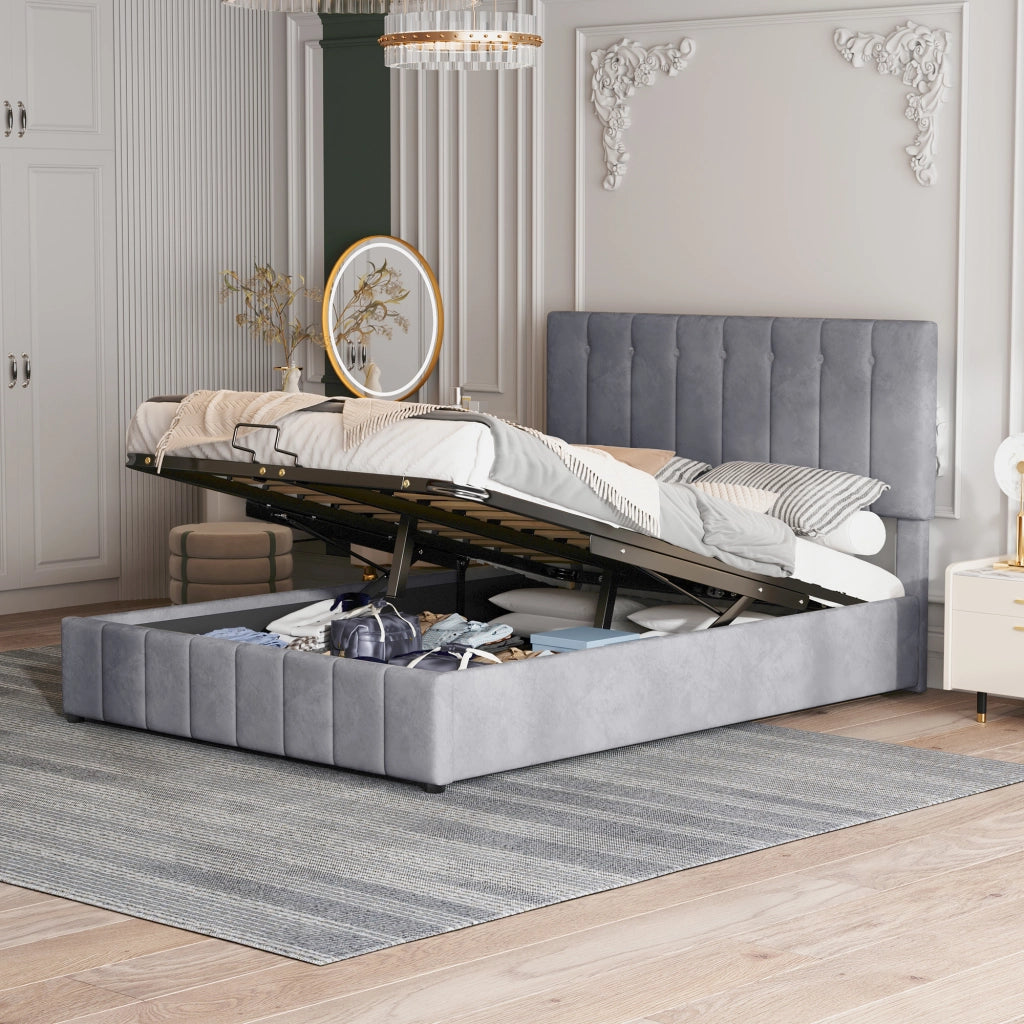 Letto Contenitore 140x200 cm; Letto Matrimoniale con contenitore idraulico; in Velluto Grigio