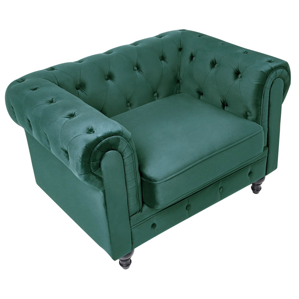 Set da soggiorno Chesterfield rivestimento in tessuto di velluto verde gambe in legno scuro divano a 3 posti + poltrona contemporanea