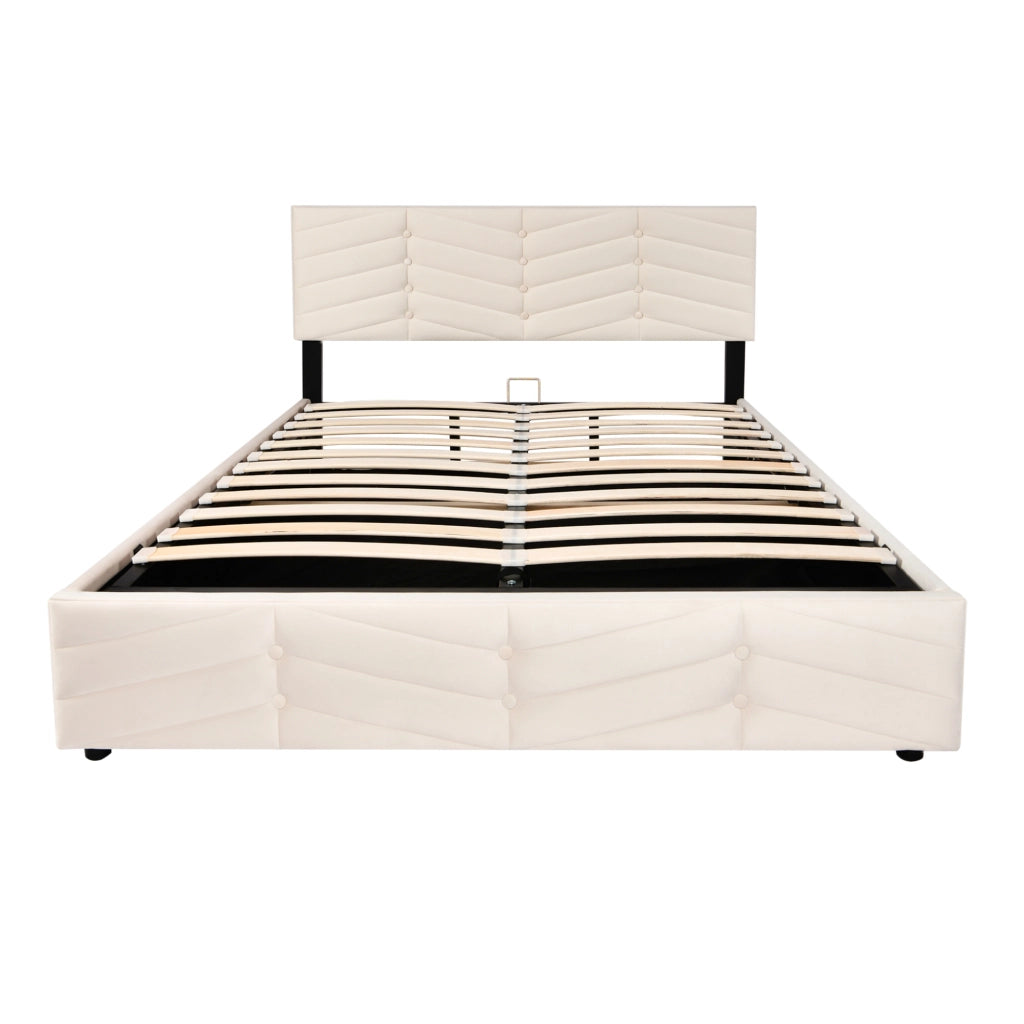 Letto imbottito 140x190 cm; testiera regolabile e rete a doghe; velluto beige