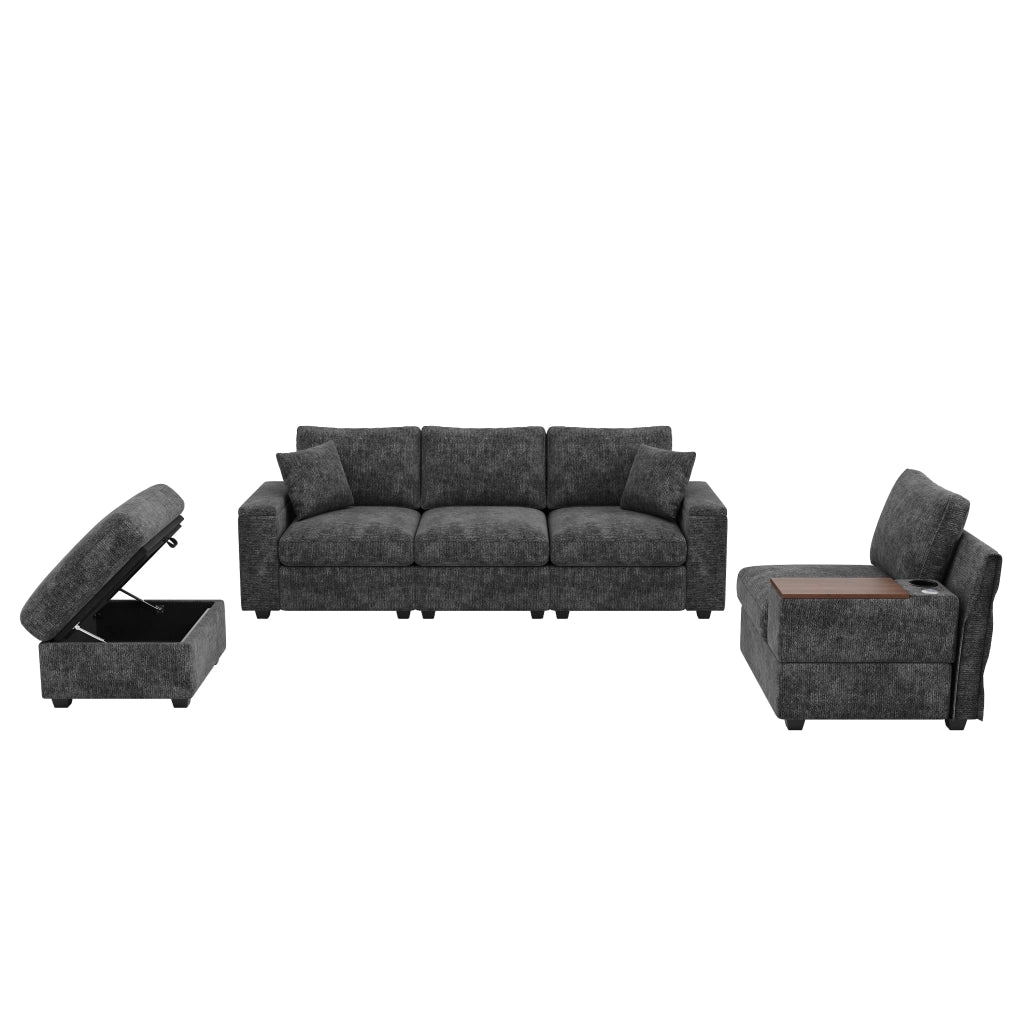 Divano modulare angolare in ciniglia grigia con chaise longue, pouf, porta bicchieri, USB/Type-C e tavolino girevole