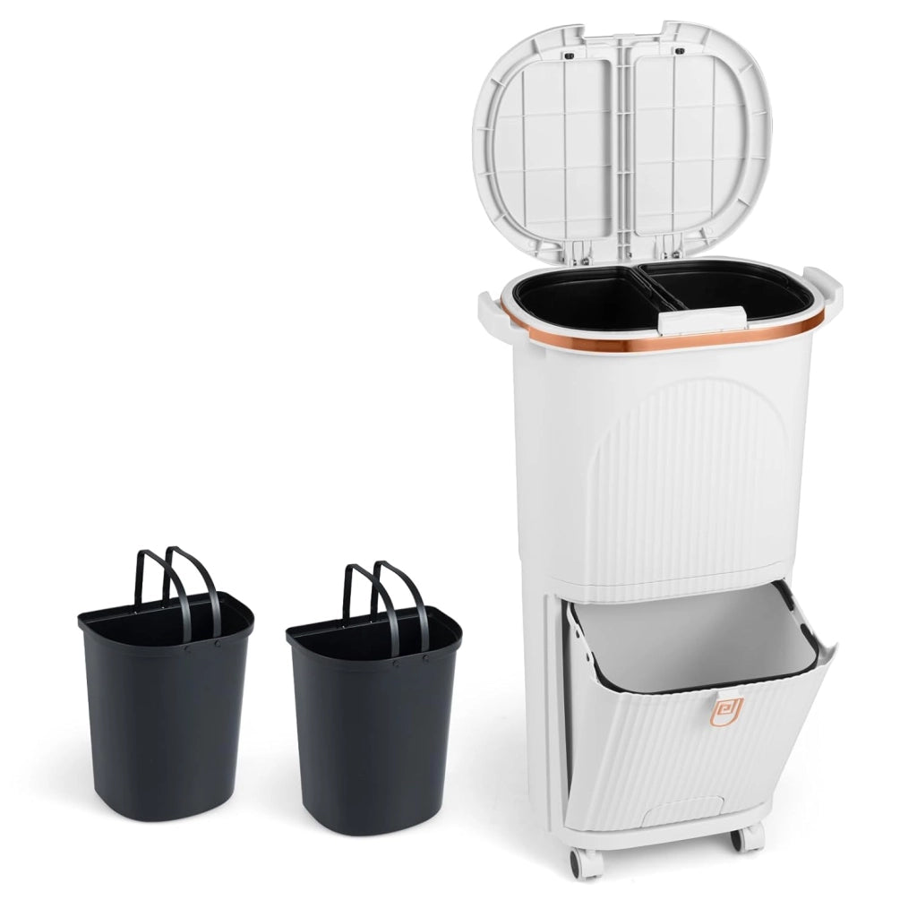 42 L（12+12+14+4 L） Pattumiera Differenziata, Secchio Spazzatura a 3 Scomparti con Cassetto e Coperchi, 2 Secchi Rimovibili Pedale e Ruote, Bidoni Differenziata per Bagno Cucina Ufficio