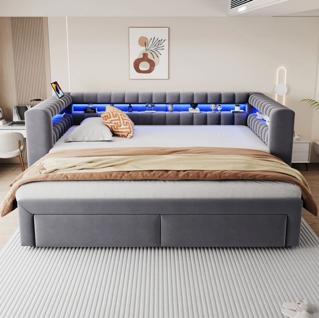 Divano letto ULEVR 90x190 cm estraibile in 180x190 cm con 2 cassetti, LED, USB e Type-C, velluto grigio