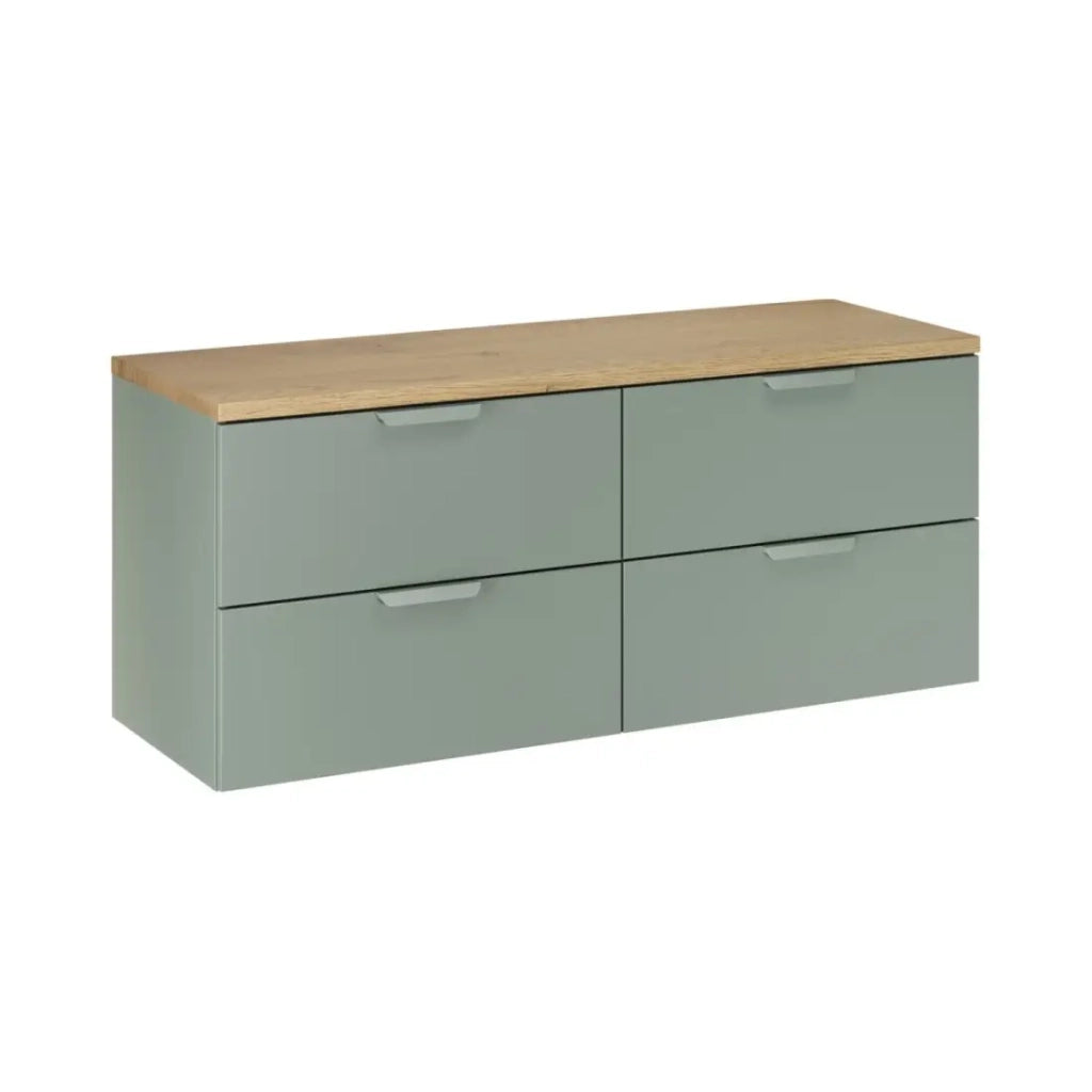 Set da bagno OSTER 120cm: mobile sottolavabo con cassetti verde salvia + piano per lavabo effetto rovere chiaro