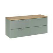 Set da bagno OSTER 120cm: mobile sottolavabo con cassetti verde salvia + piano per lavabo effetto rovere chiaro