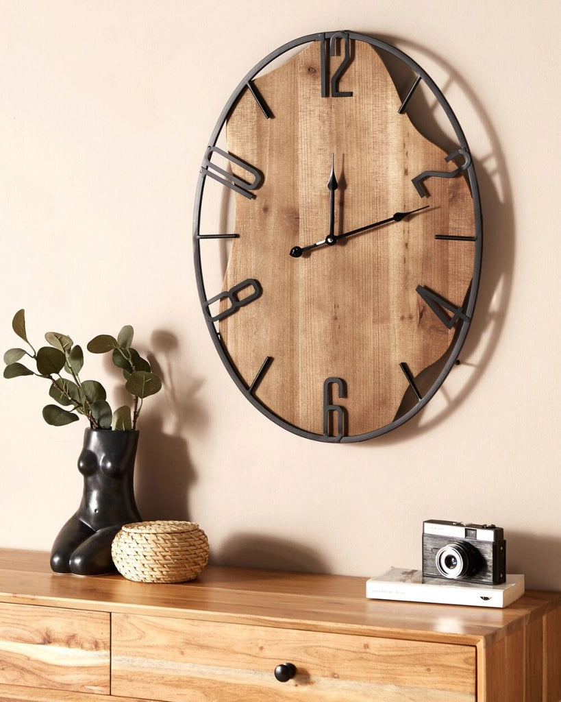 Orologio da parete classico con struttura in ferro con forma ovale in legno chiaro e nero 46 x 60 cm camera da letto soggiorno