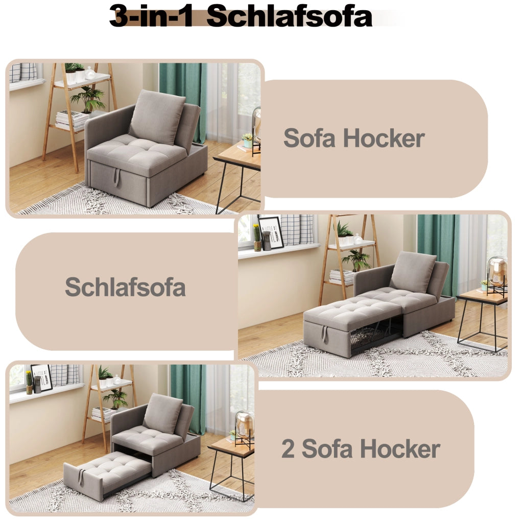 DIVANO LETTO 3 in 1 177x68x65 cm Grigio in lino con schienale regolabile